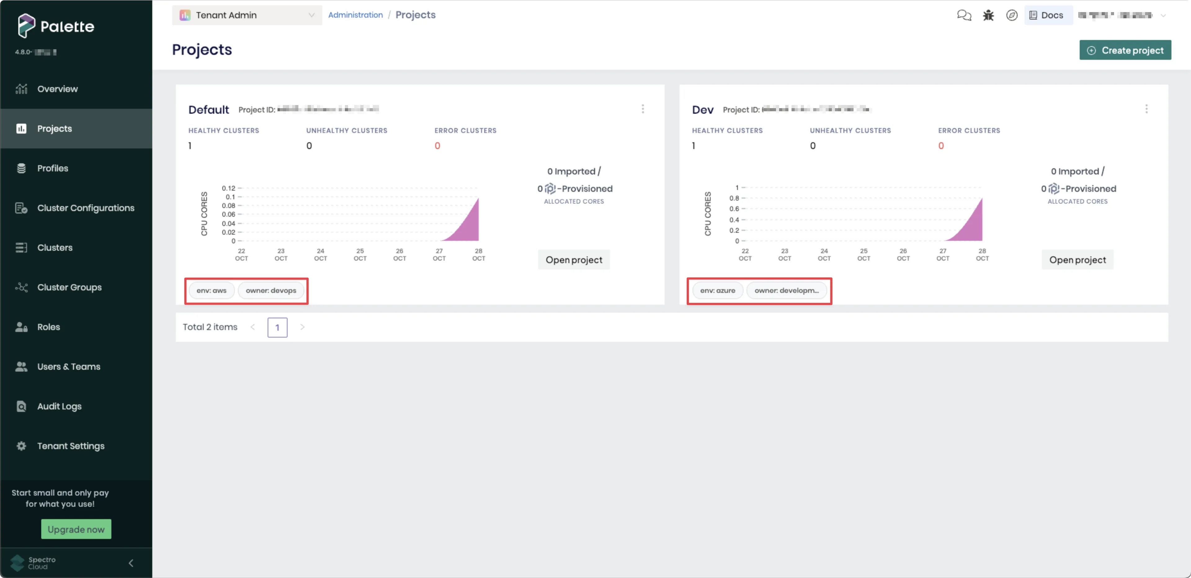 Project tags highlighted in the Tenant Admin Projects page